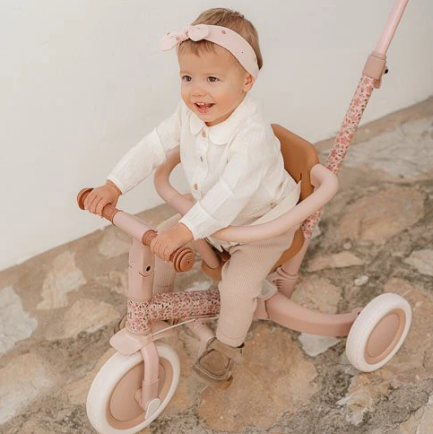 Triciclo con Barra 4 en 1 Rosa Flores - Little Dutch
