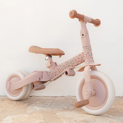 Triciclo con Barra 4 en 1 Rosa Flores - Little Dutch